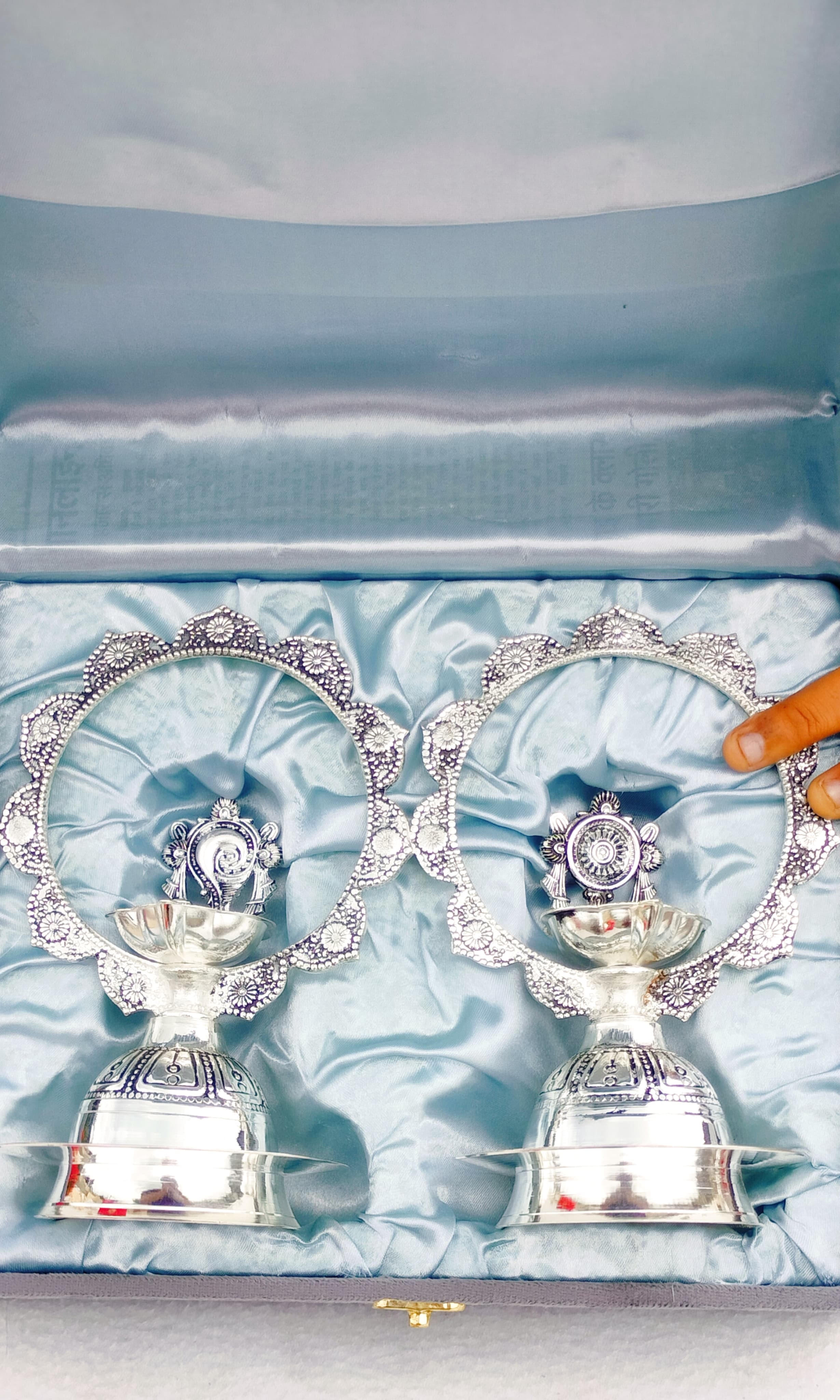 Antique German Silver shanku Chakra Diya Pair for Diwali/ Gift Item / Home Decor